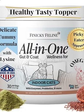 Finicky Feline Cat Food Topper L-Lysine Probiotics Omega-3 Indoor Cat Beef